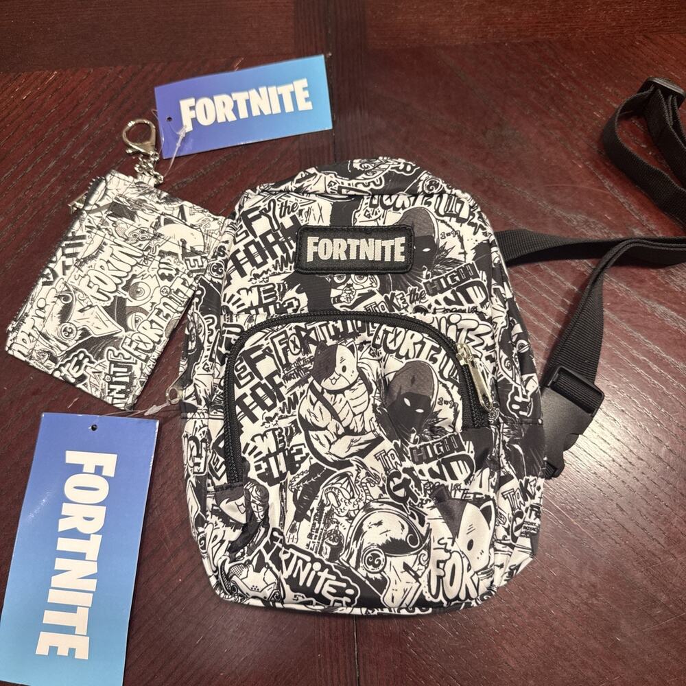 Fortnite 8.5" TAKE HIGH GROUND B&W Graffiti Sling Bag + Wallet NWT